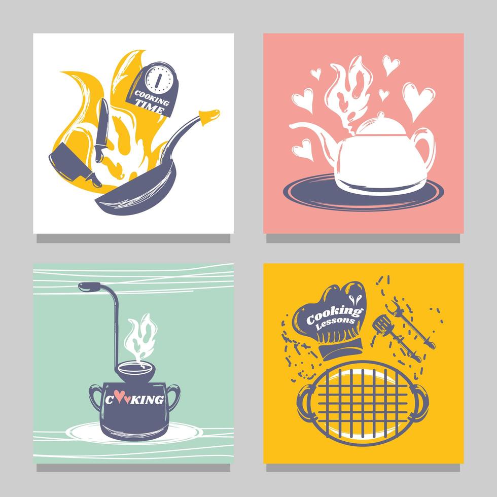 set of frying pan pot bbq grill kettle sketch style vector