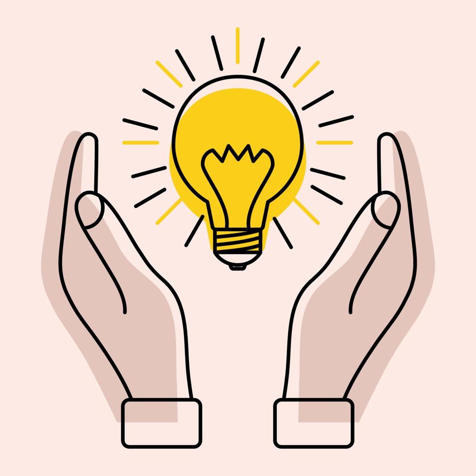 Light bulb with rays between two hands. Concept of ideas, inspiration, effective thinking. Environmental protection concept. Creative problem solving. Yellow lamp in the hand vector