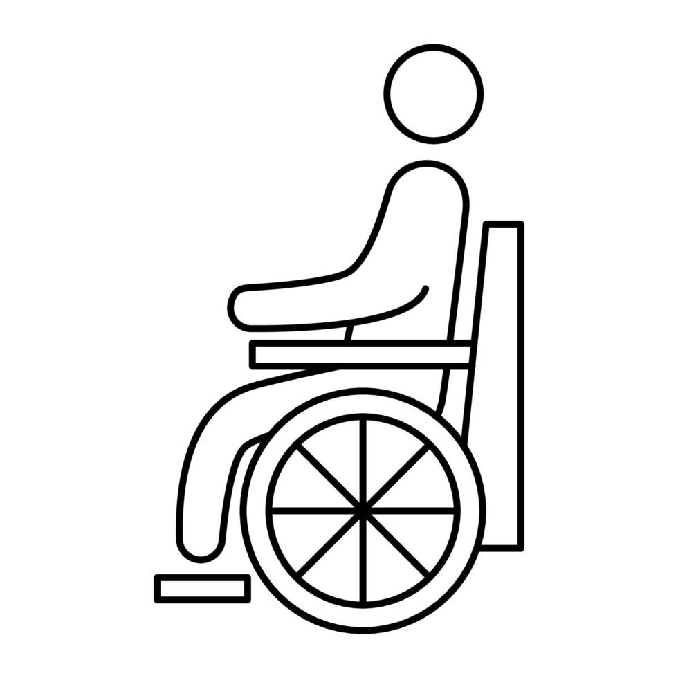 icono de línea de paciente discapacitado. símbolo de la persona en silla de ruedas. hombre discapacitado describe el icono de vector. se puede utilizar como señal de baño o señal de transporte. trazo editable vector