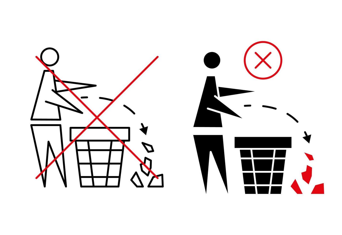 mantener la limpieza. icono prohibido. poner la basura en su lugar. hombre ordenado, no tirar basura, icono. por favor no tires basura. no arroje basura, coloque la basura en los contenedores provistos vector