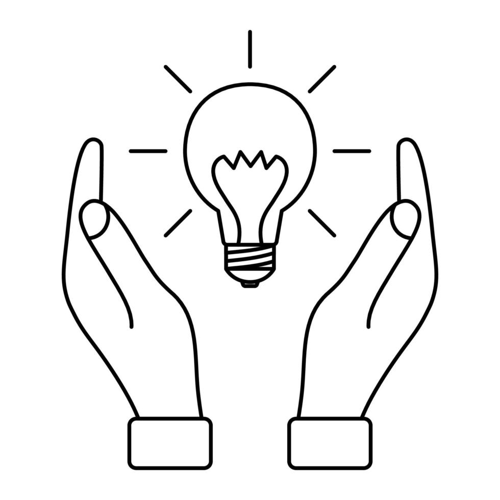 Light bulb with rays between two hands. Concept of ideas, inspiration, effective thinking. Environmental protection concept. Creative problem solving. Editable stroke vector