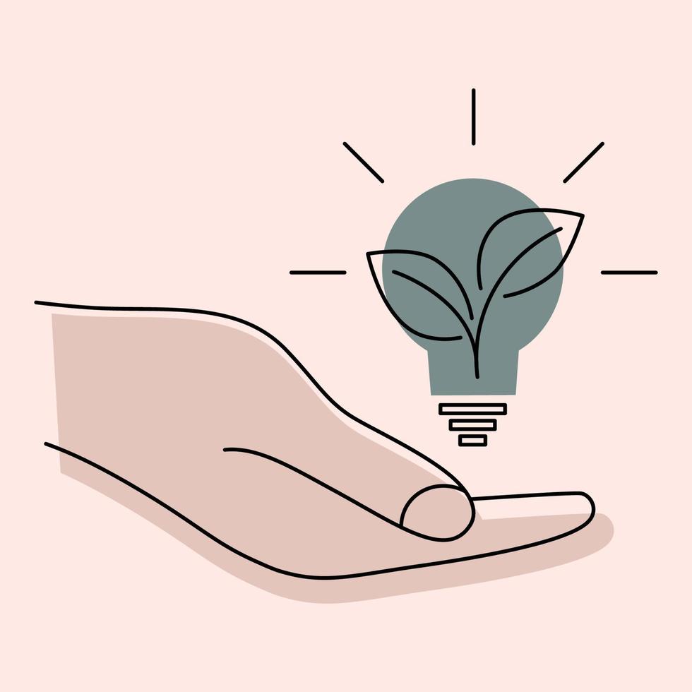 Light bulb in the hand. Creative problem solving. Hand holds green ecology light bulb and green plant, green energy concept. Environmental protection concept. Lamp with leaves in the hand vector