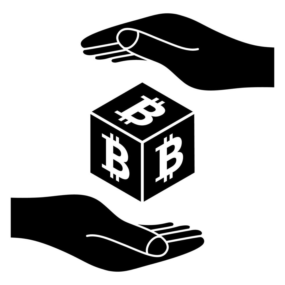 Two hands with bitcoin coin. Save money concept. Crypto currency coin bitcoin symbol. Cryptocurrency logo. Digital fashion marketing template. Hand with digital money. Vector