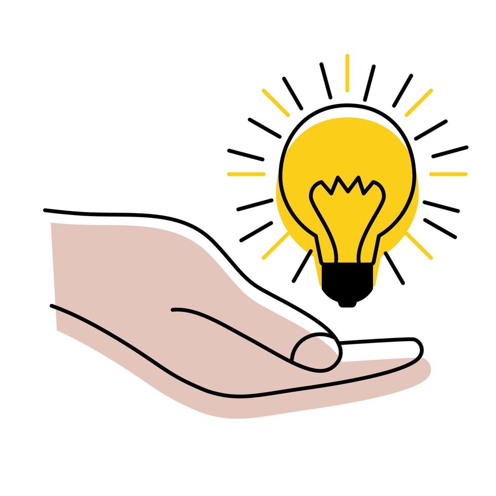 Light bulb with rays in the hand. Concept of ideas, inspiration, effective thinking. Idea sign, solution, thinking, concept. Lighting Electric lamp. Creative problem solving vector