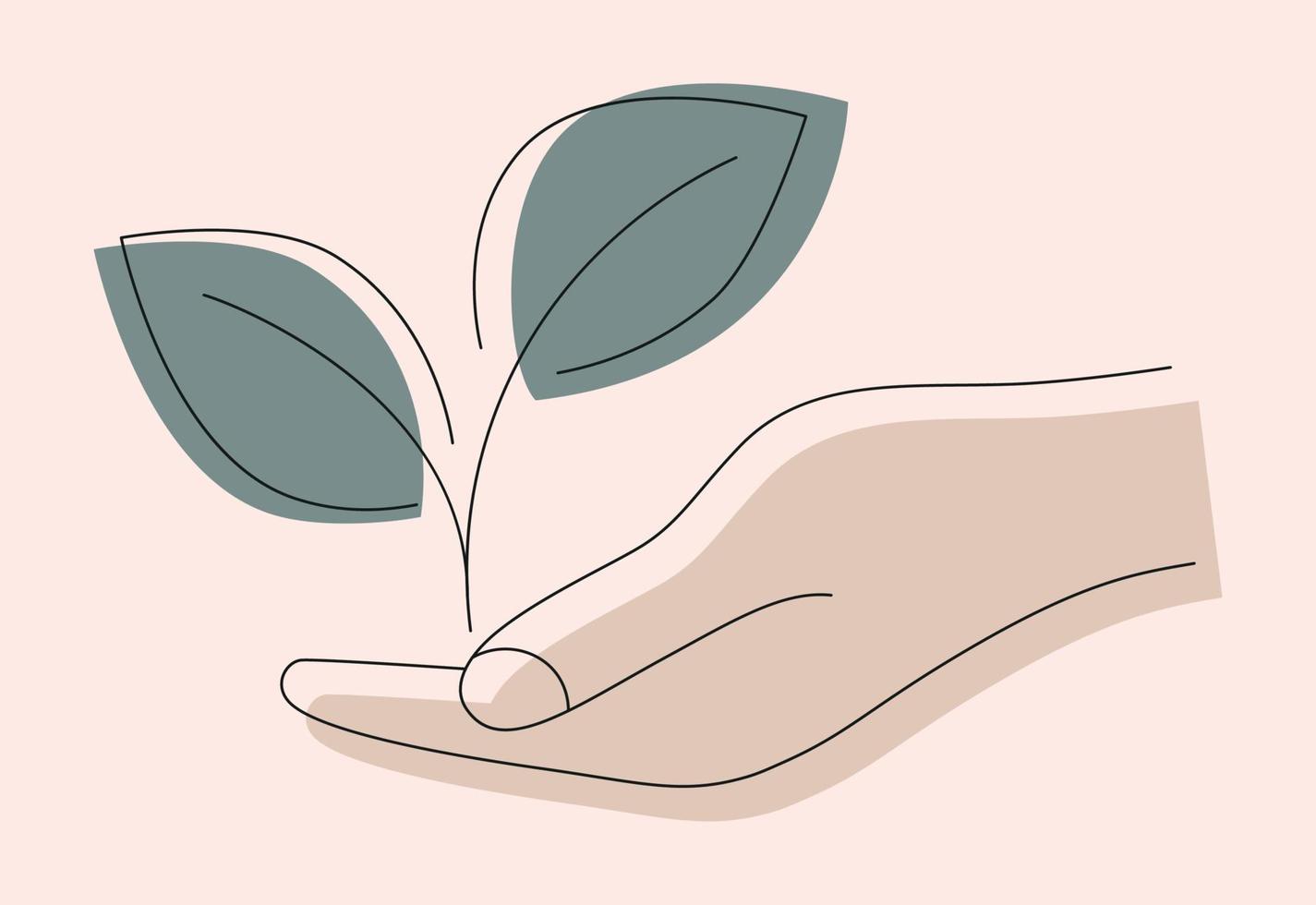 hojas en crecimiento en la mano. dando la mano con la planta joven en el suelo. se puede utilizar para productos agrícolas naturales, alimentos orgánicos, productos veganos. concepto del día de la tierra. concepto de protección del medio ambiente vector