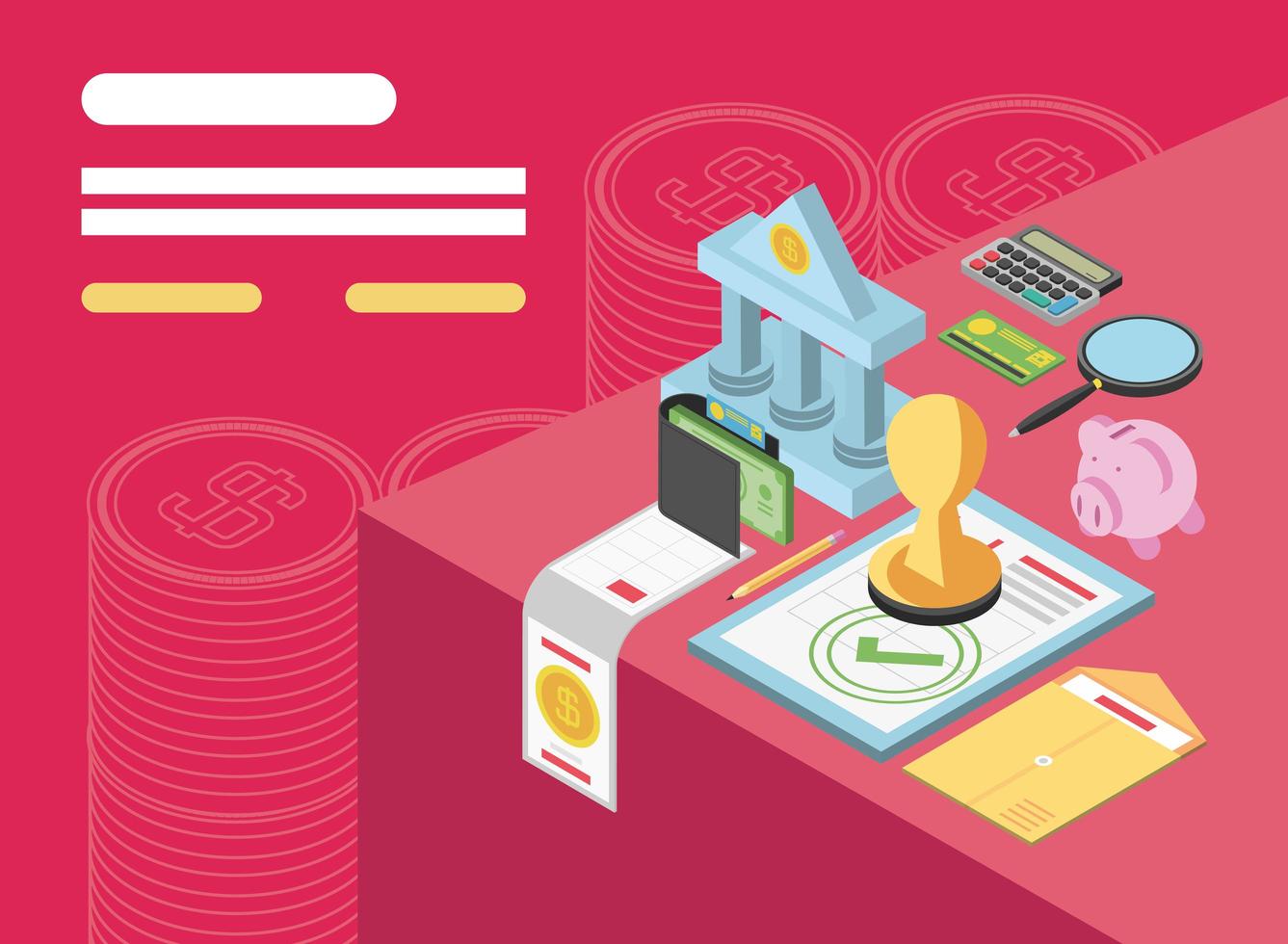 tax day, payment document piggy bank money calculator isometric vector