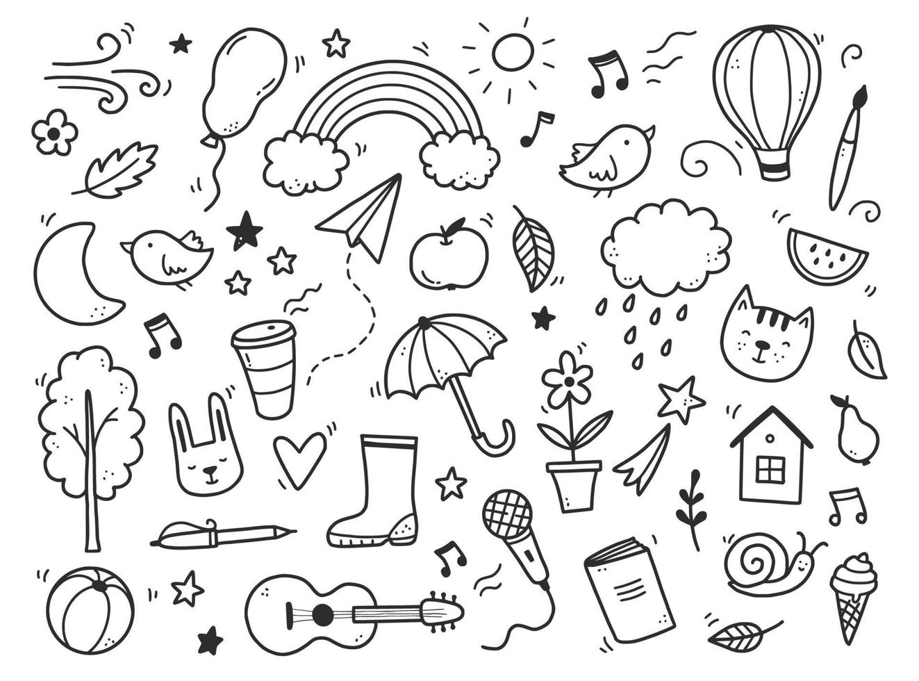 Cute doodle with cloud, rainbow, sun, animal vector