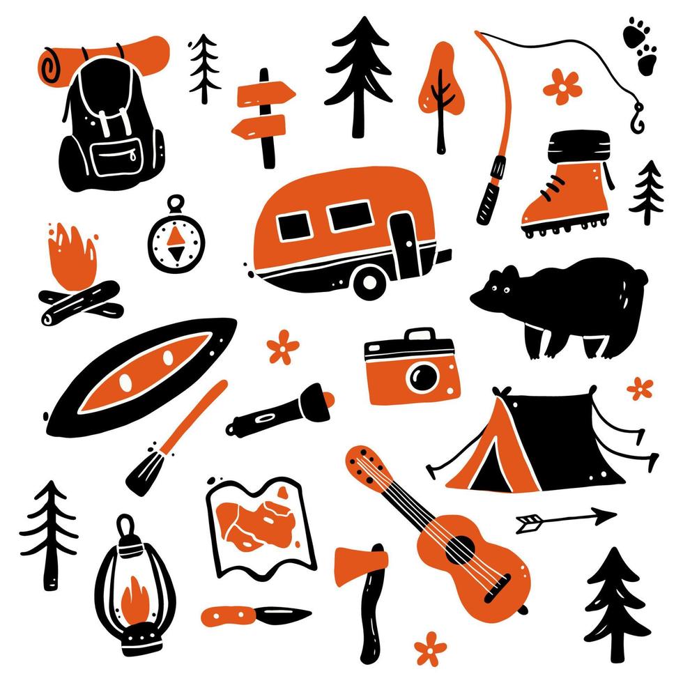 conjunto de equipo de campamento dibujado a mano. vector