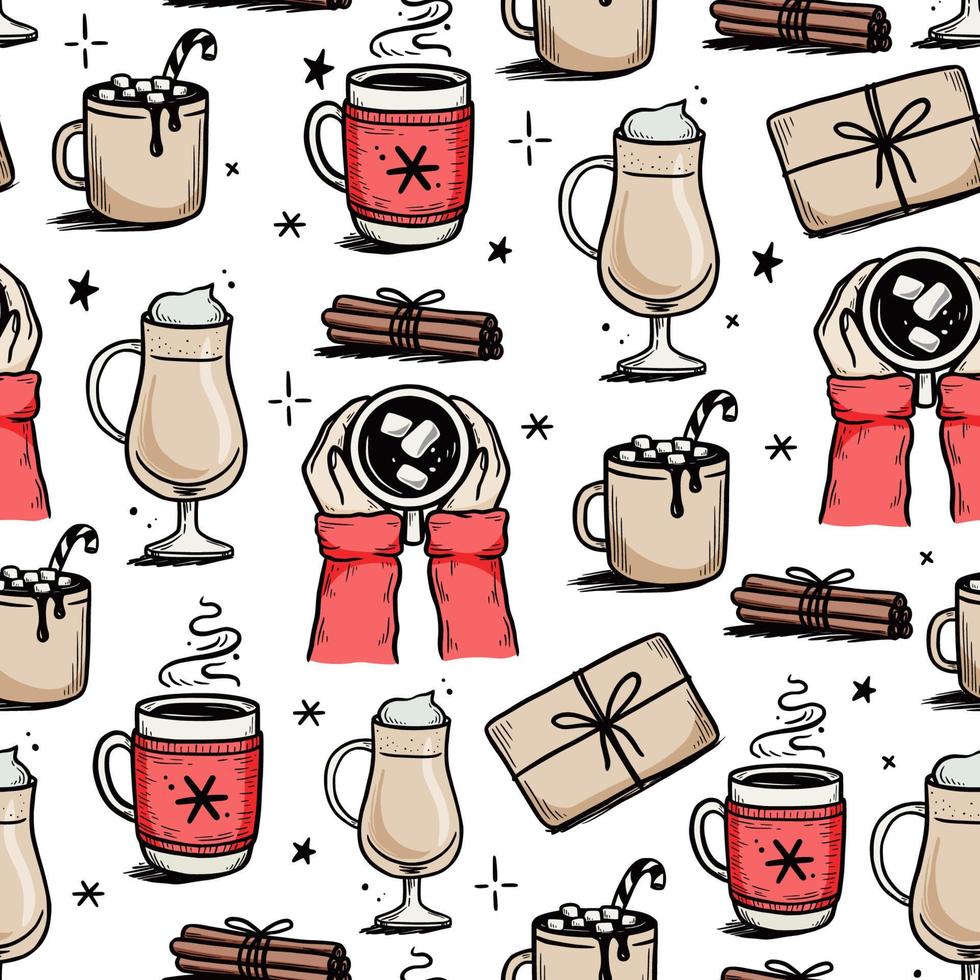 Christmas pattern with hot drink of winter coffee vector