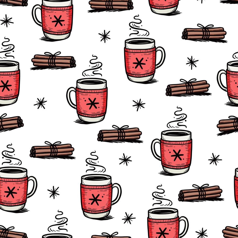Christmas pattern with hot drink of winter coffee vector