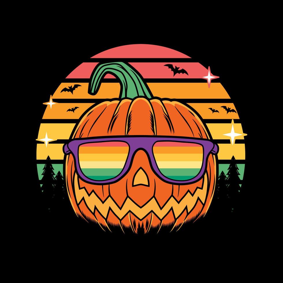 Halloween cartoon pumpkin sunset retro vintage logo vector icon hand drawn illustration