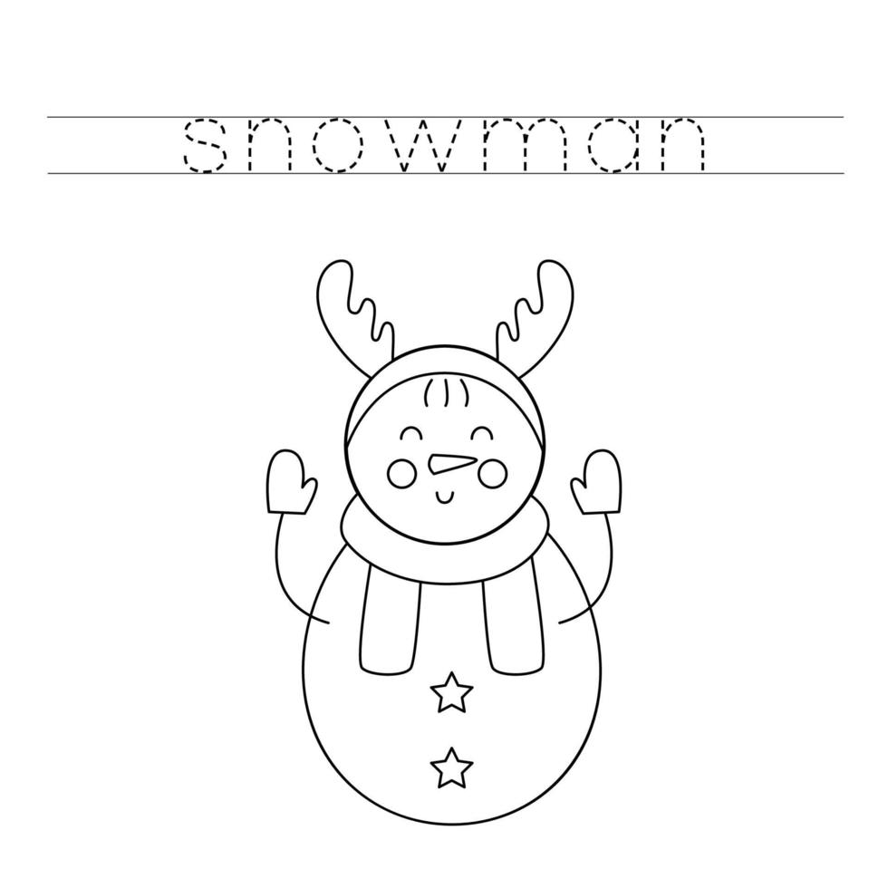 Trace the letters and color snowman. Handwriting practice for kids. vector