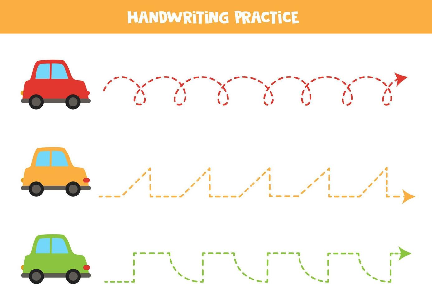 Tracing lines with colorful cars. Writing practice. vector