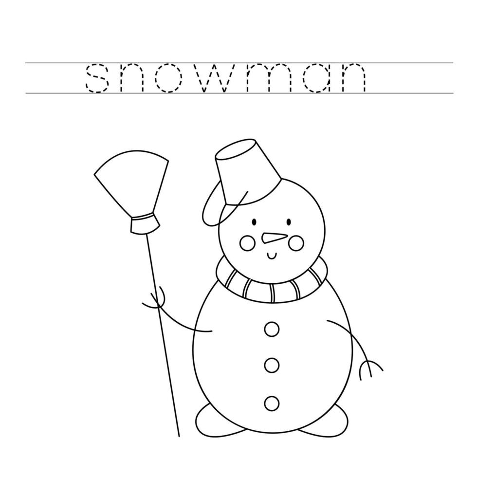 Trace the letters and color snowman. Handwriting practice for kids. vector