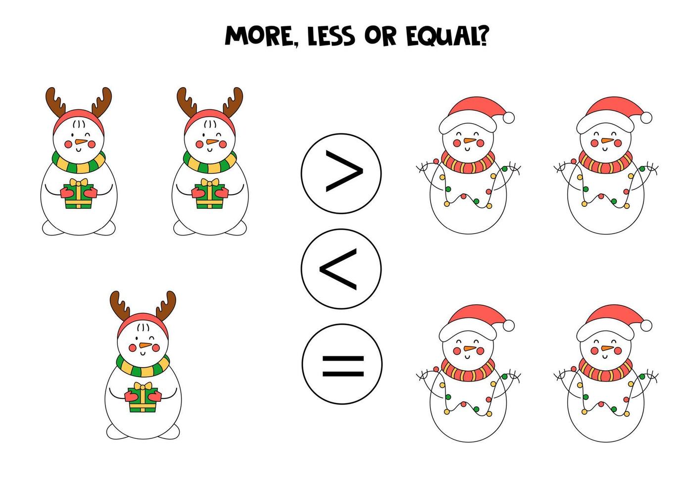 More, less, equal with cute cartoon snowmen. Math comparison. vector