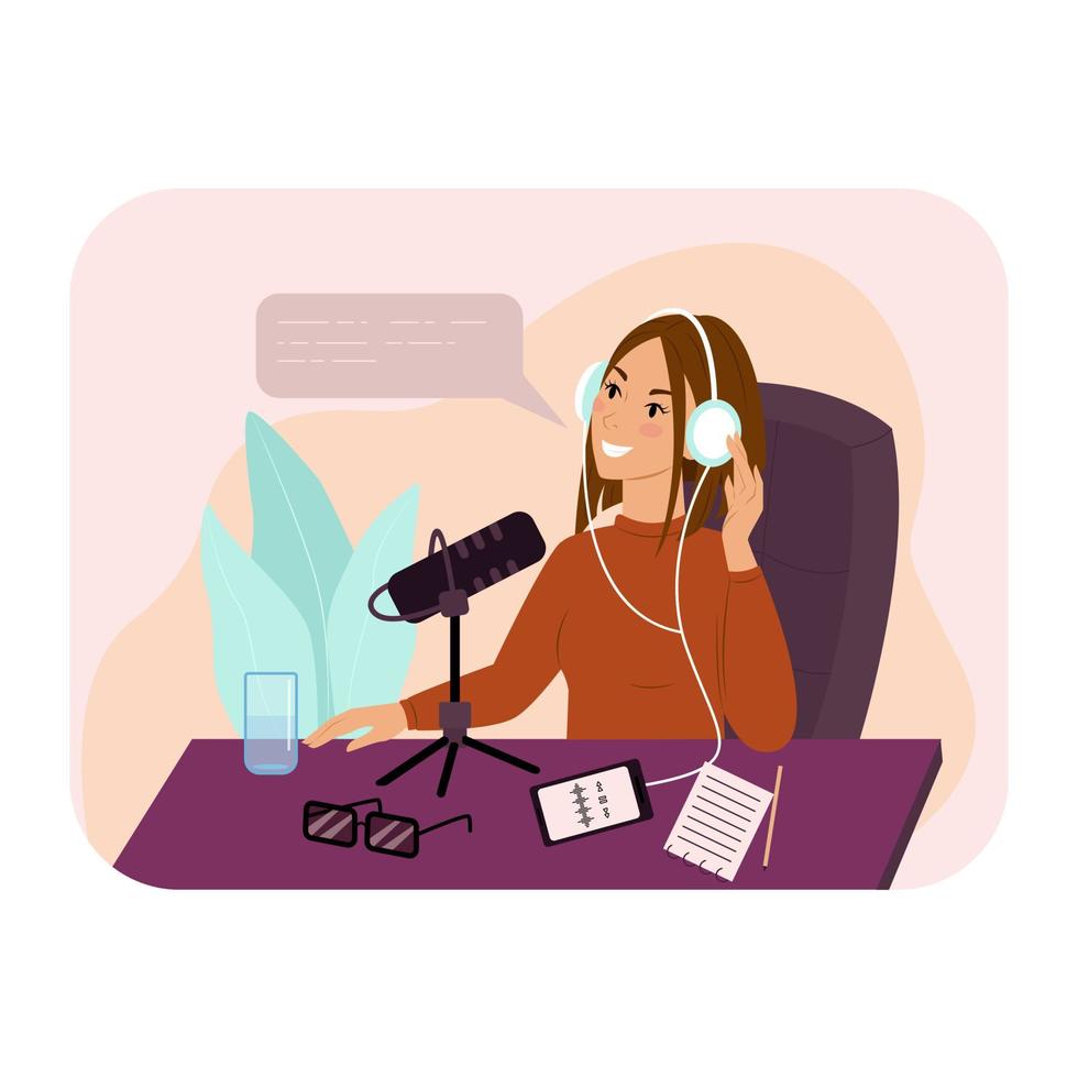 Podcast. Girl in headphones records a podcast. Vector illustration in flat style