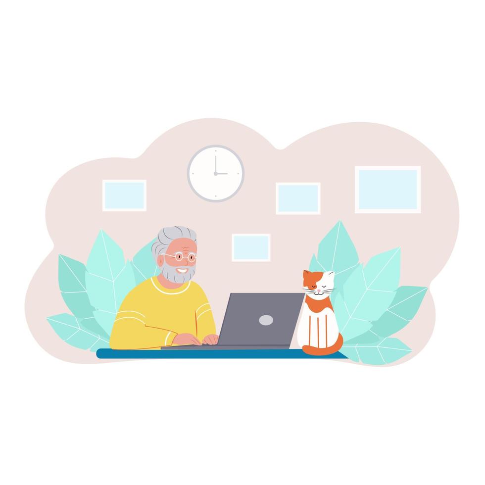 Happy old man with laptop. Senior woman working on laptop, domestic cat. Vector illustration in flat style