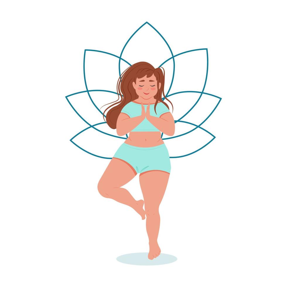 chica gorda haciendo yoga. medita linda chica con pecas. ilustración vectorial vector