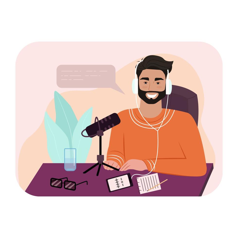 pódcast. hombre de auriculares graba un podcast. ilustración vectorial en estilo plano vector