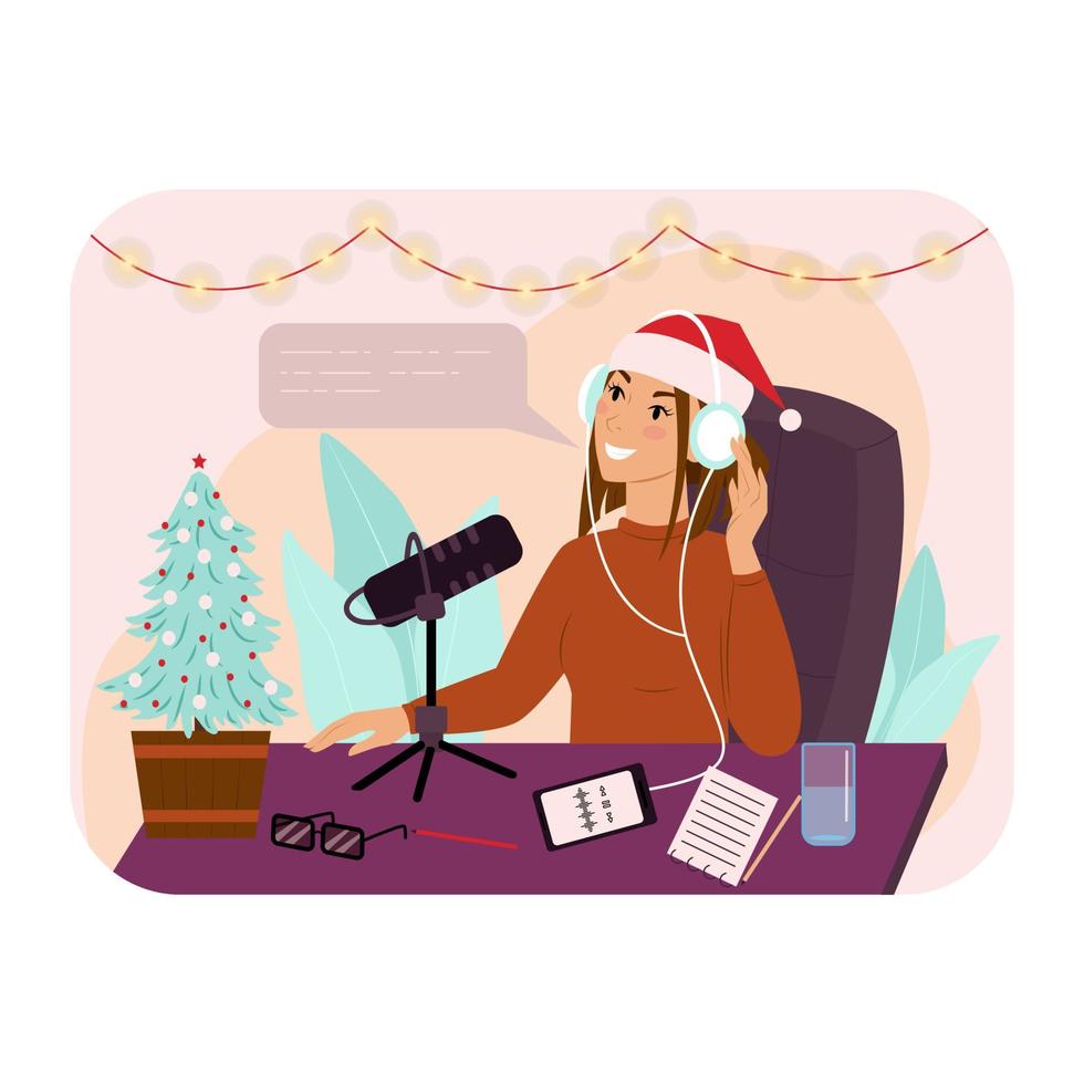 concepto de podcast de año nuevo. la chica de los auriculares graba un podcast. ilustración vectorial en estilo plano vector