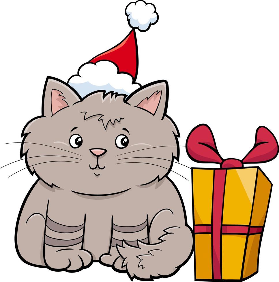 caricatura, gato, o, gatito, con, presente, en, navidad vector