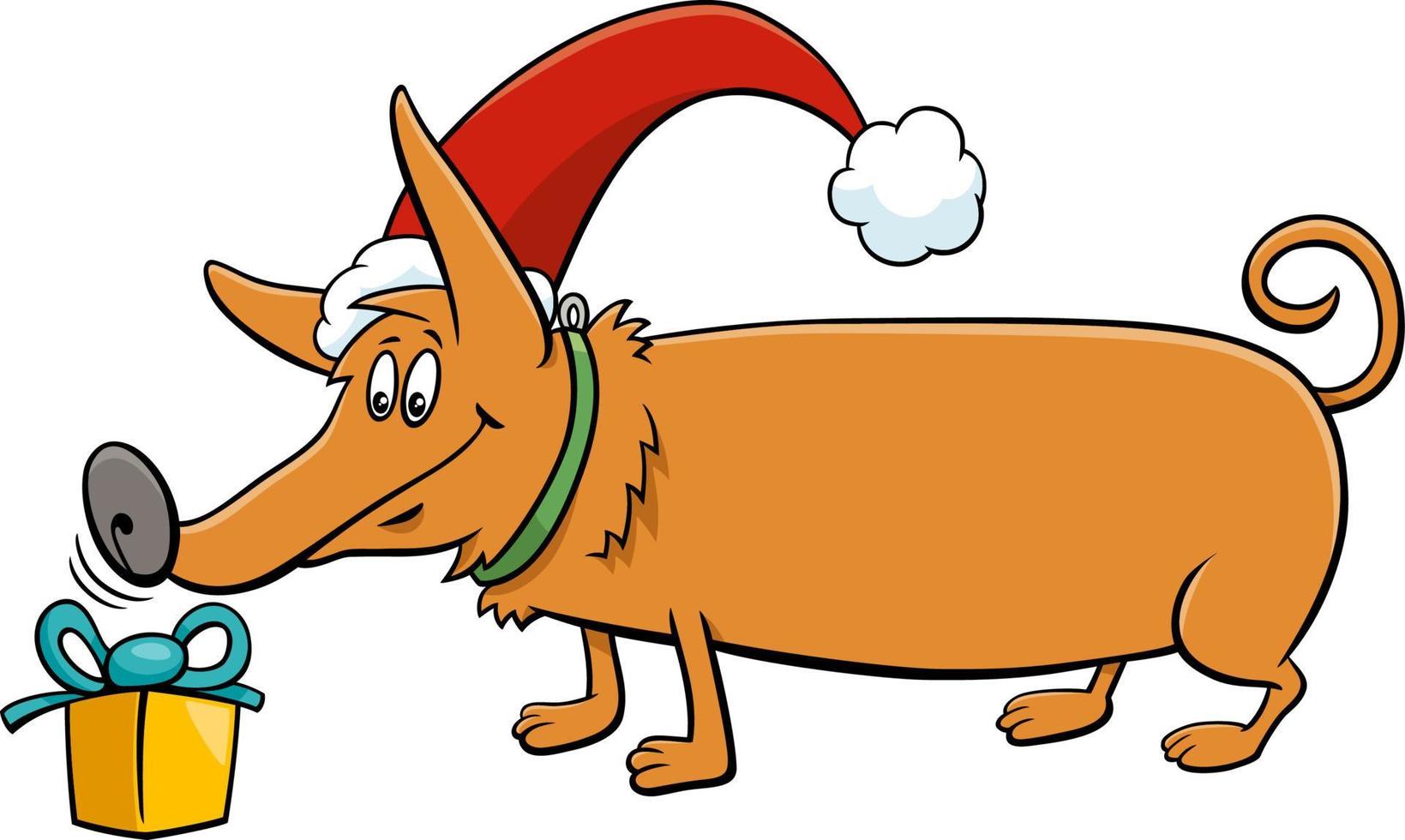 perro de dibujos animados con regalo en navidad vector