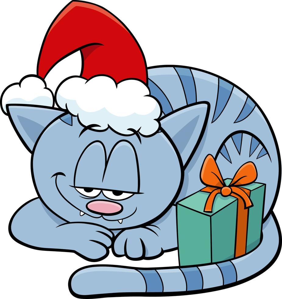 gato de dibujos animados con regalo de navidad vector