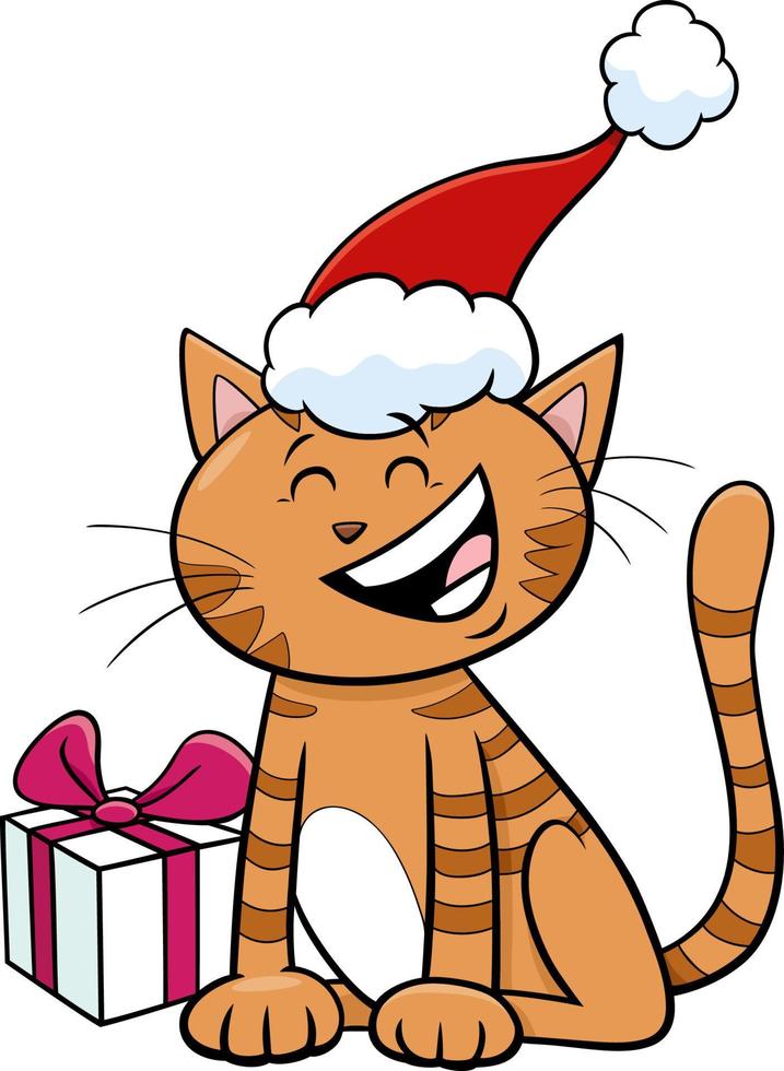 cartoon cat or kitten with present on Christmas time vector