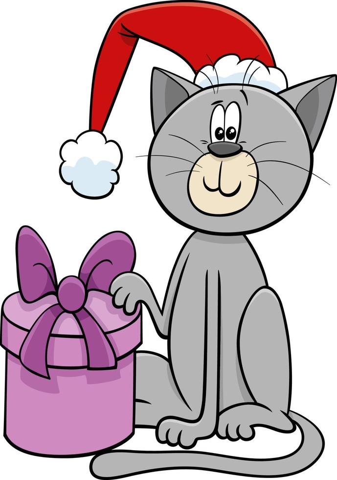 gato de dibujos animados con regalo en navidad vector