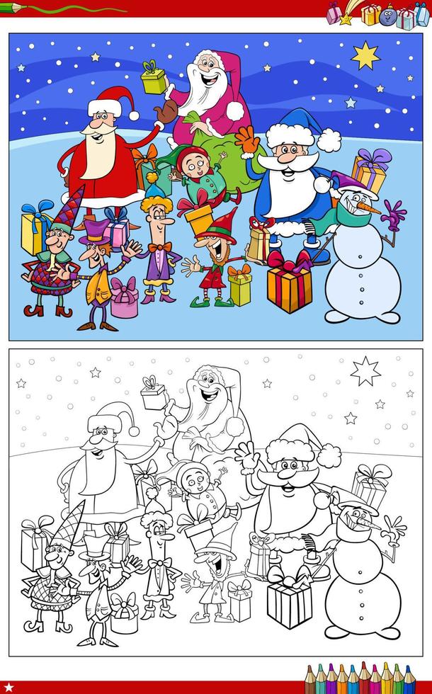 cartoon Christmas characters group coloring book page vector