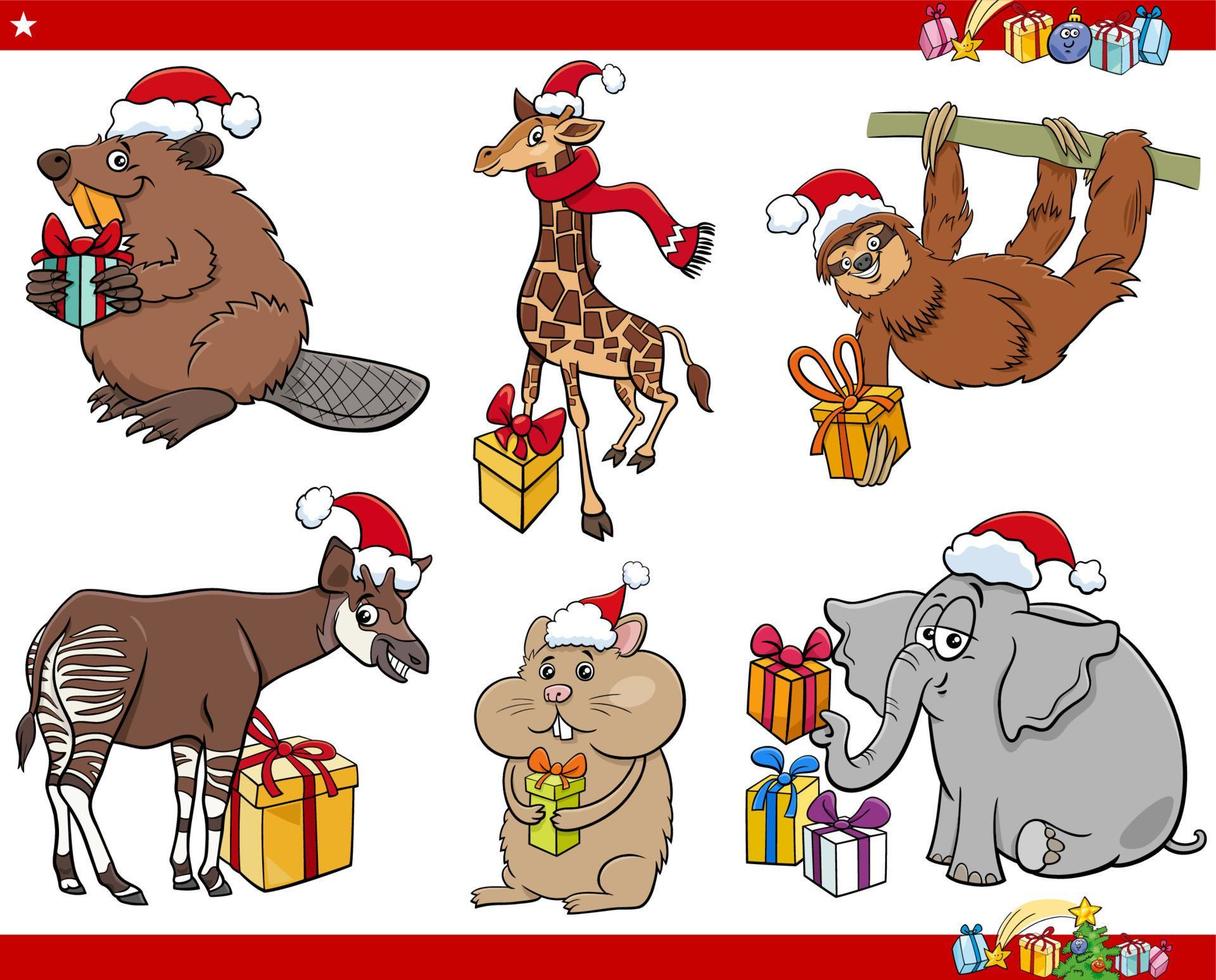 conjunto de animales de dibujos animados con regalos de navidad vector