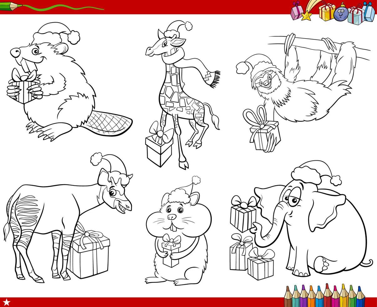 set of cartoon animals with Christmas gifts coloring book page vector