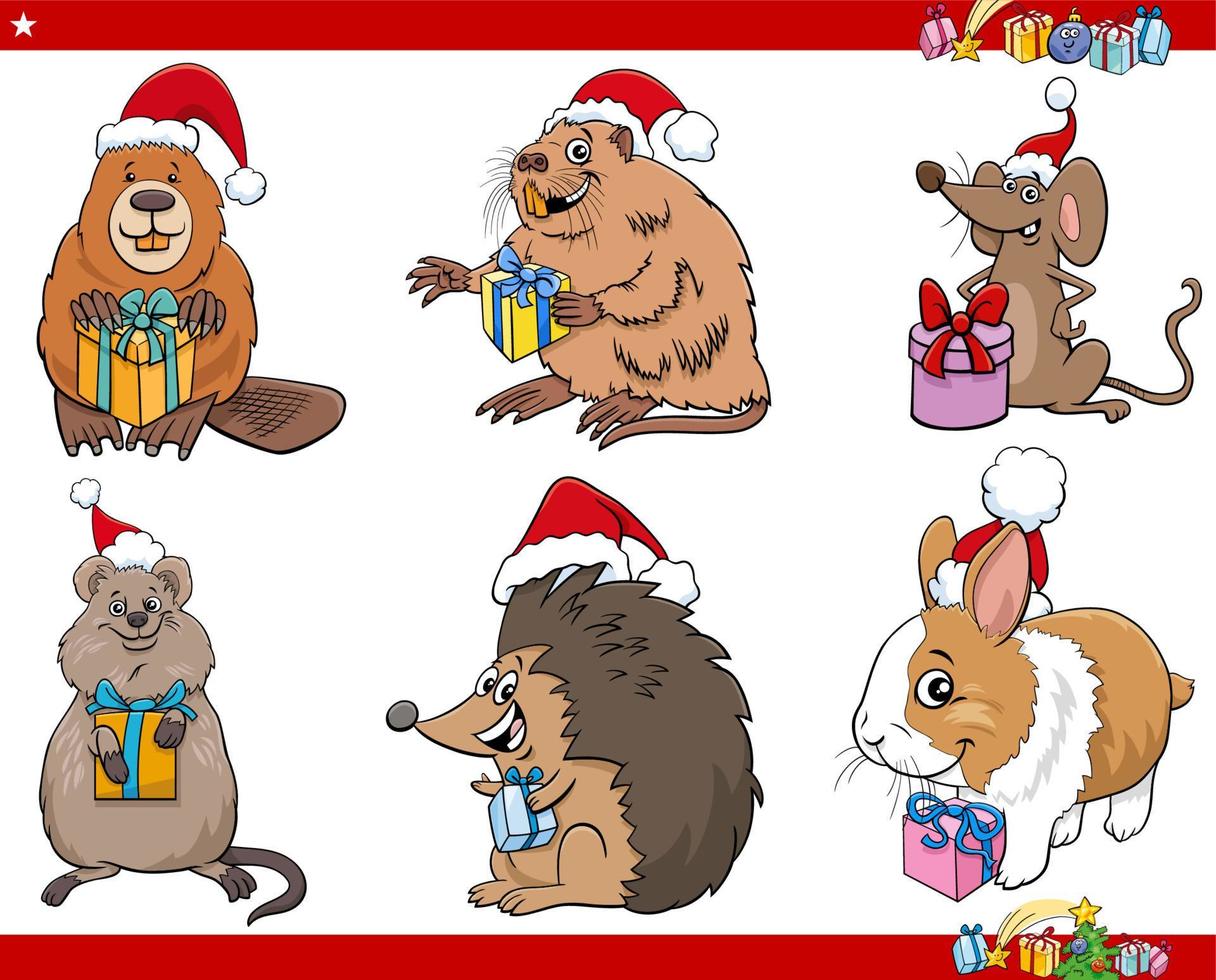 Conjunto de animales divertidos en dibujos animados de Navidad vector