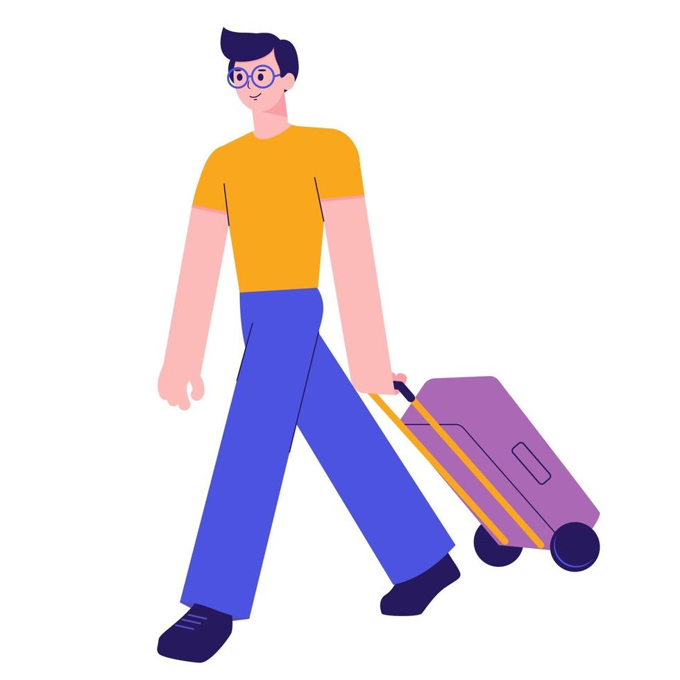 A guy with a suitcase at the airport. Man with a valise. Business trip. Luggage. Traveler. Trip abroad. Flight by plane. Flat illustration. vector