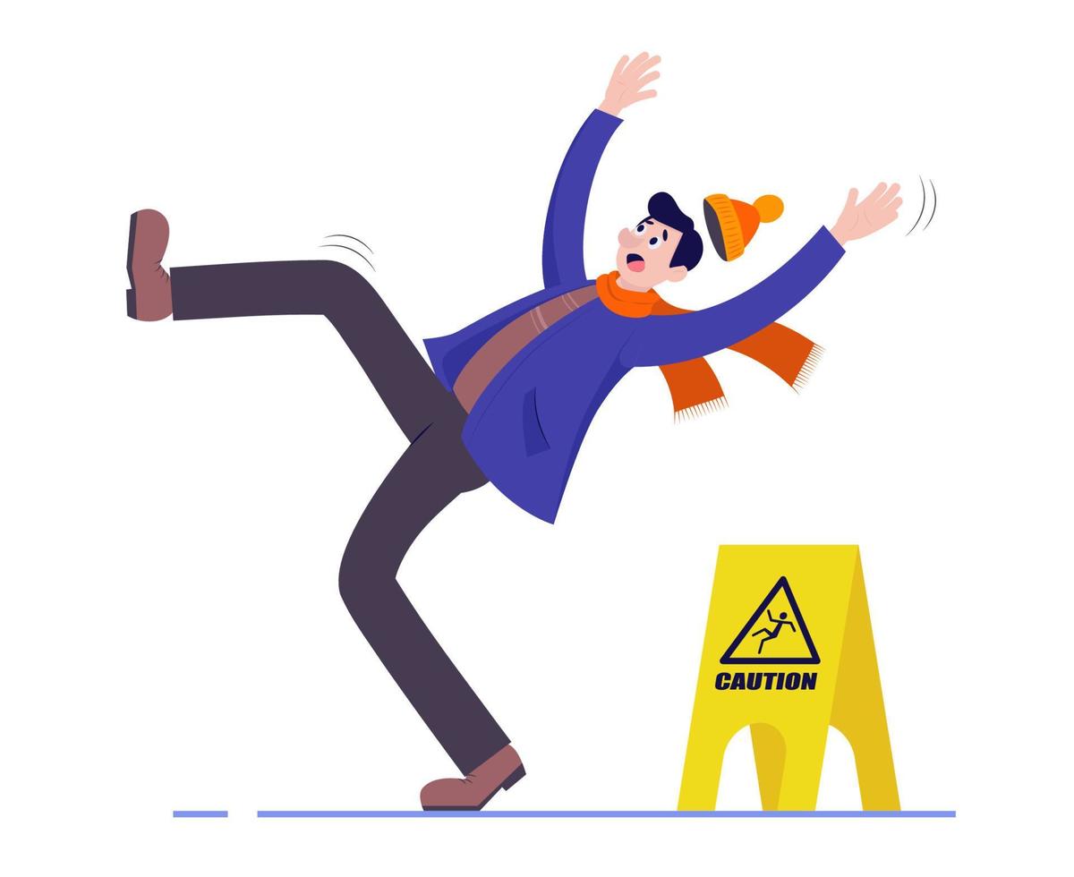The man slips and falls on the wet floor. A sign of caution. Vector illustration.