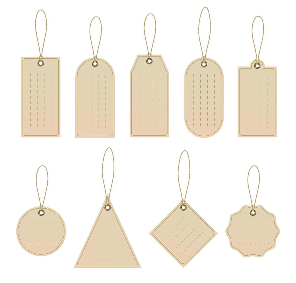 Set of tags on craft paper with rope. Blanks with rope. Shopping labels and price tags in different shapes. Vector illustration