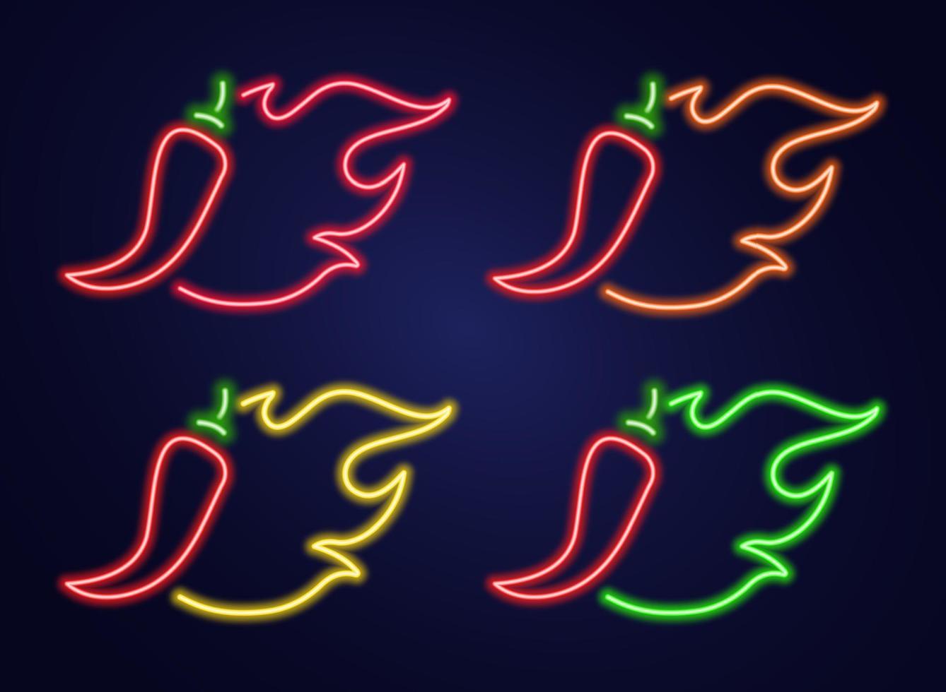 Neon icon set chilli with fire. Signboard with hot burning pepper. Spice Levels vector illustration. Night bright signs