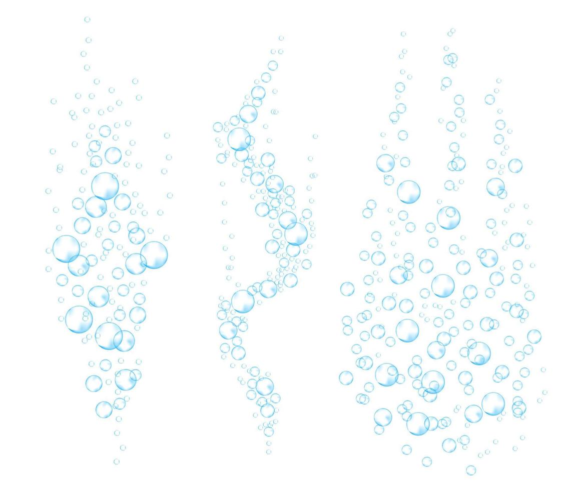 Underwater bubbles of fizzing soda. Streams of air. Dissolving tablets. Realistic oxygen pop in effervescent drink. Blue vector sparkles on white background.