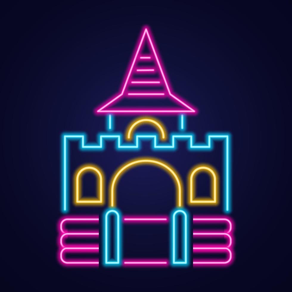 Bouncy castle neon icon. Jumping house on kids playground. Vector illustration.