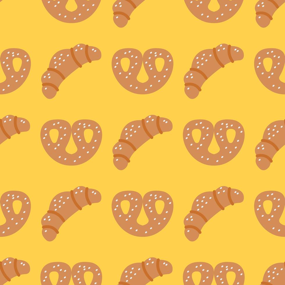 croissants y pretzels sobre fondo amarillo, patrón transparente de vector