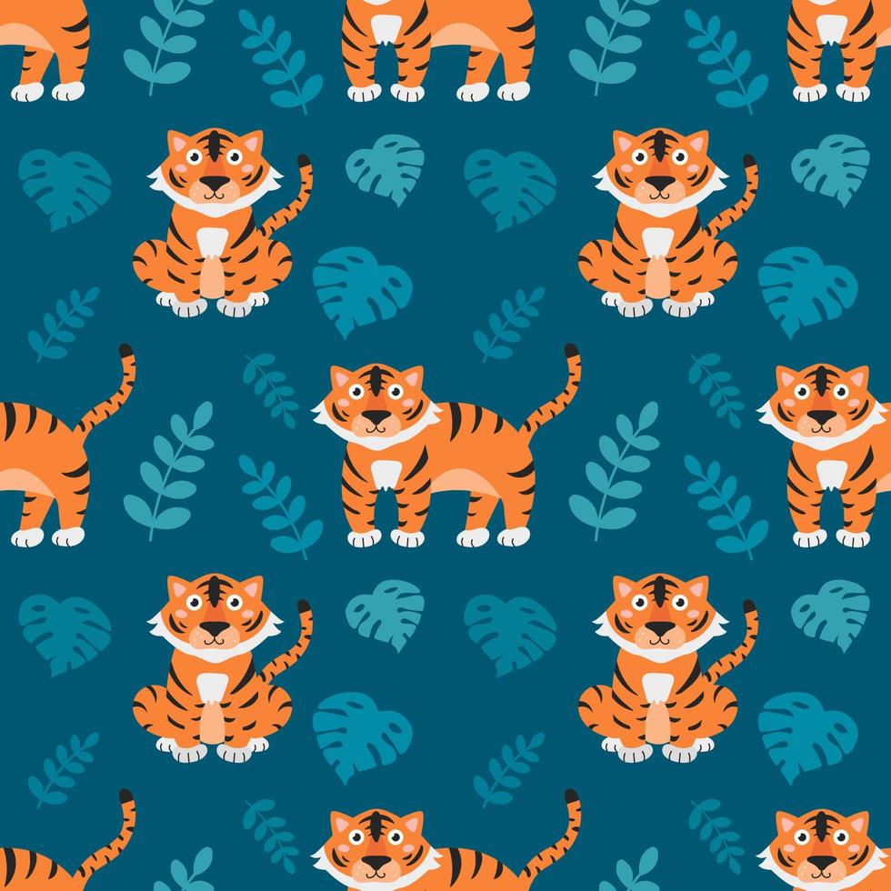 Cute little tigers with tropical plants on blue background, vector seamless pattern