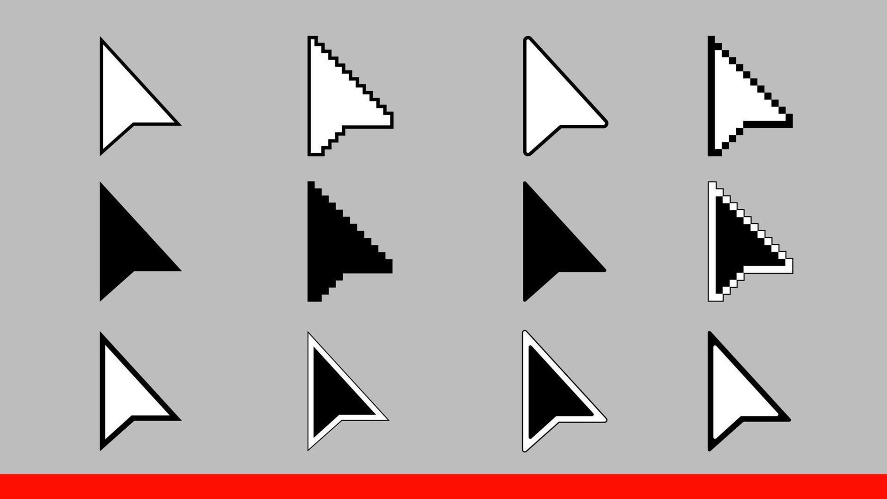 12 black and white arrow pixel and no pixel mouse cursors icons signs vector illustration set flat style design isolated on gray background.