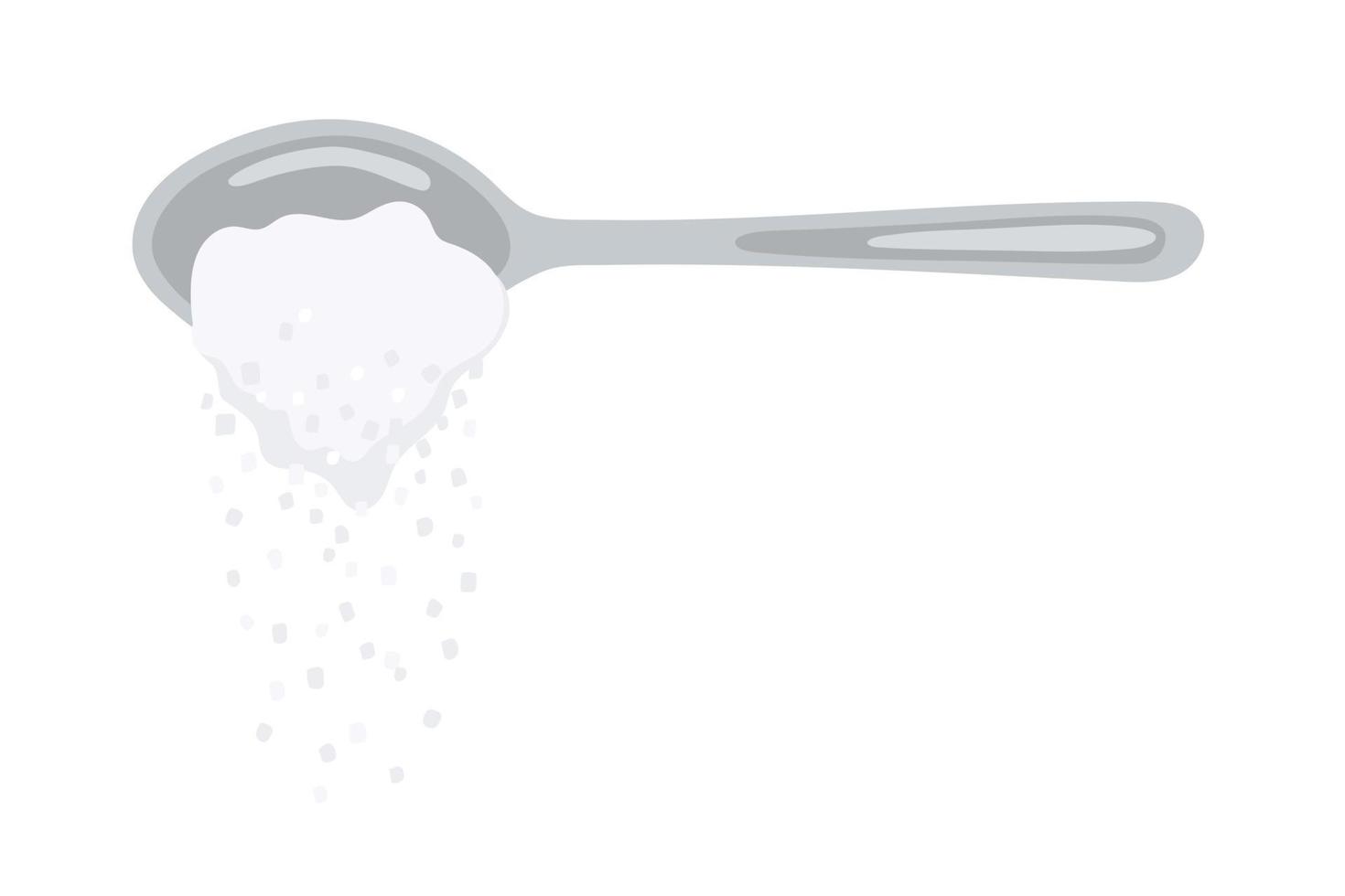 Pouring sugar spoon full of powder crystals of salt or sugar vector illustration.