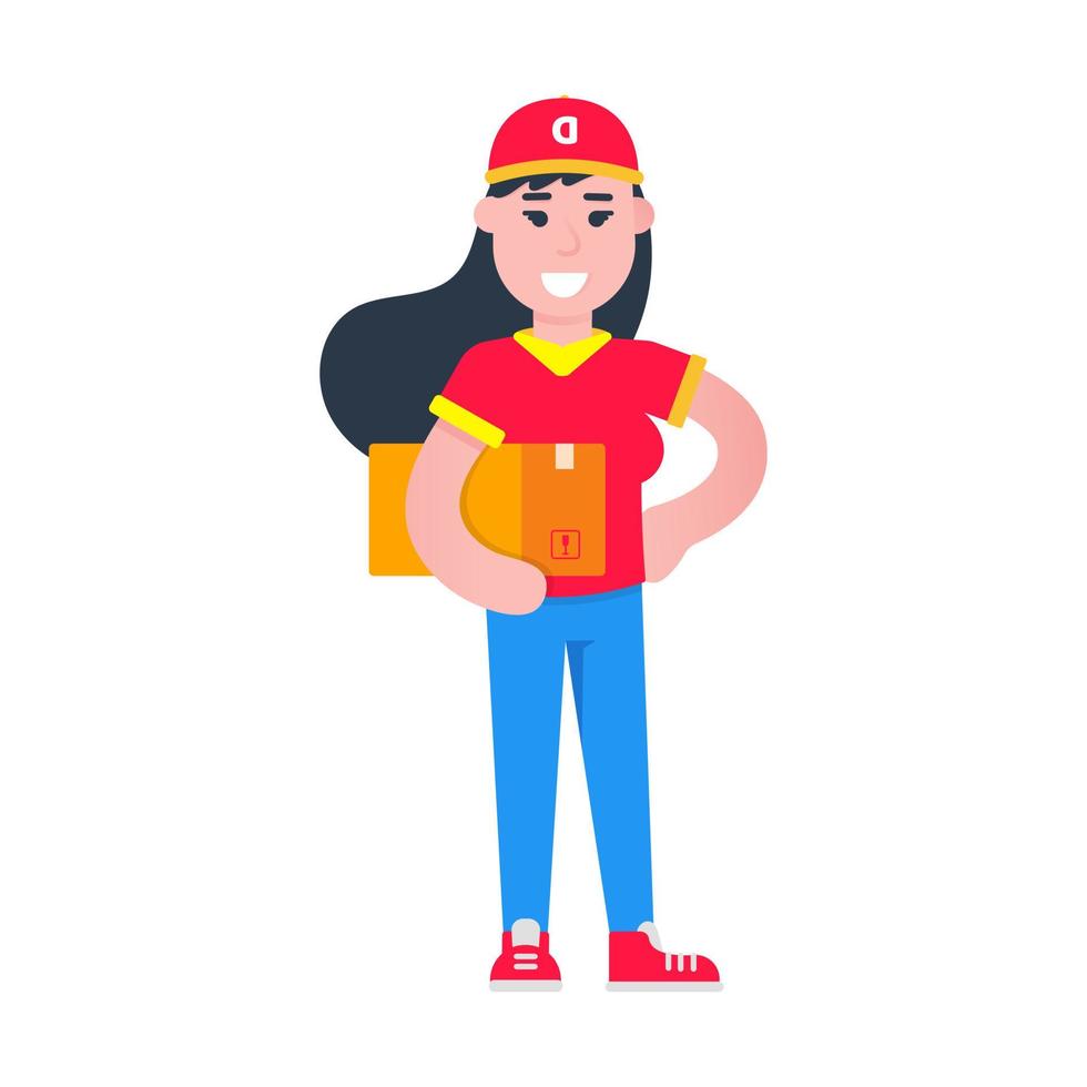 Fast delivery girl character flat style design vector illustration. Delivery woman with the box in her hands. Symbol of delivery company. Fast and free.