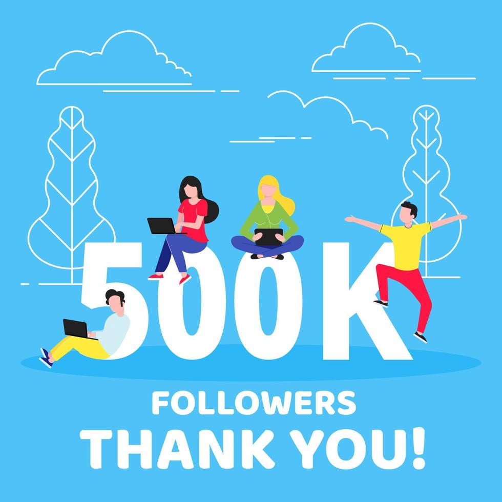 Thank you 500000 followers numbers postcard. People man, woman big numbers flat style design 500k thanks vector illustration isolated on blue background. Template for internet media and social network