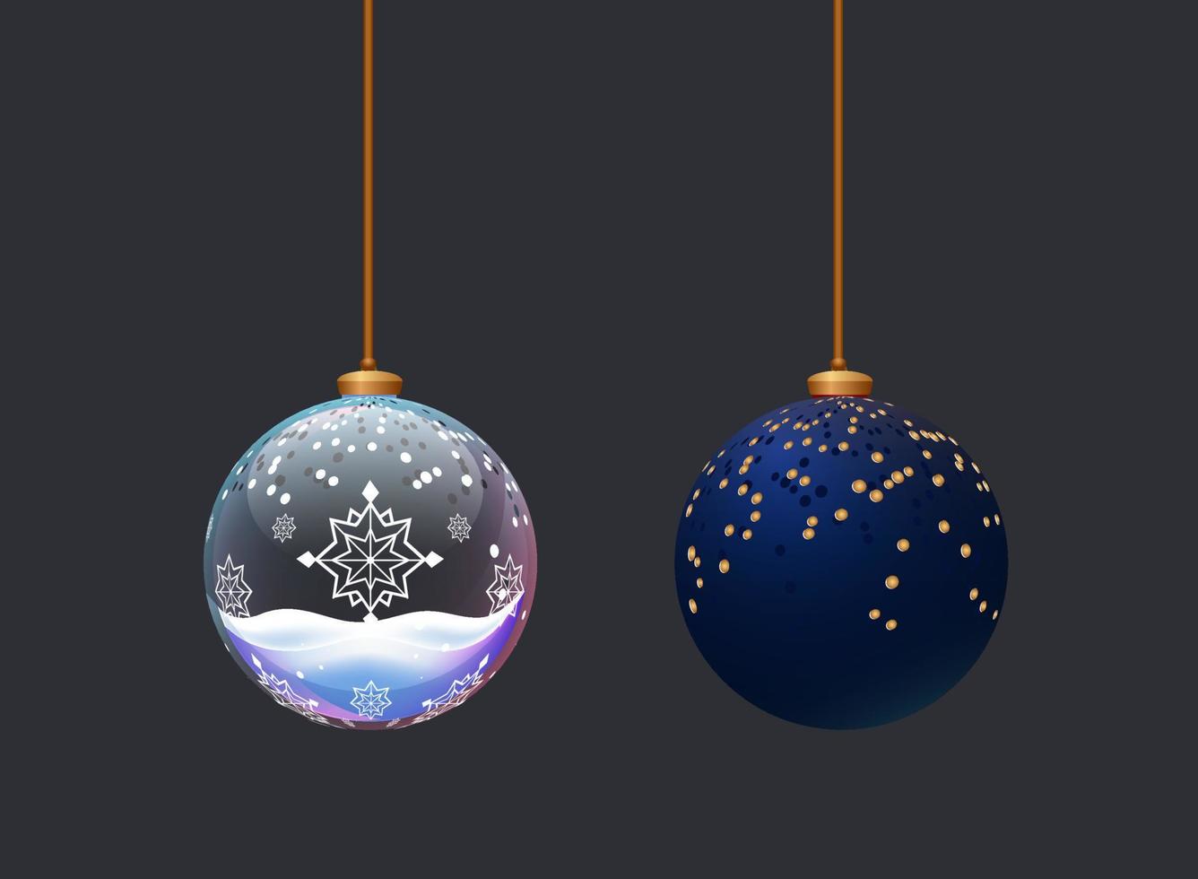 Two beautifull matte and glass balls. Toys for new year celebration. Christmass tree decoration elemenst. Crystall Ball with snowflakes vector