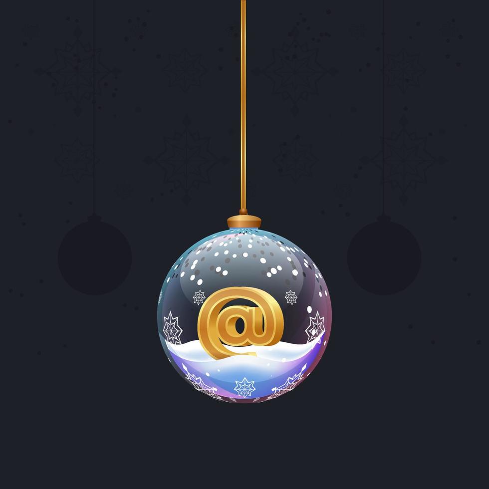 Christmas toy glass ball with a golden 3D mail symbol inside. New year tree decoration. Element for design banner, card or any advertising vector