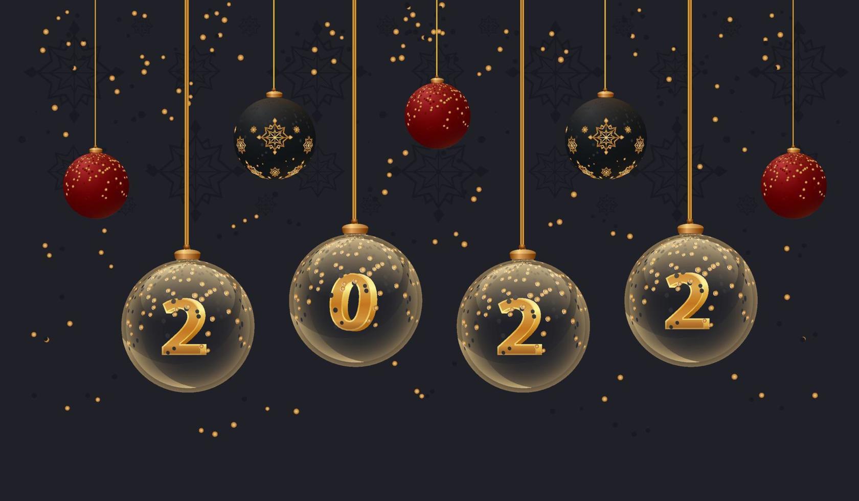 Banner de año nuevo 2022 sobre fondo oscuro. Flyer navideño con bolas de cristal con números y purpurina. plantilla de diseño de tarjeta de felicitación vector