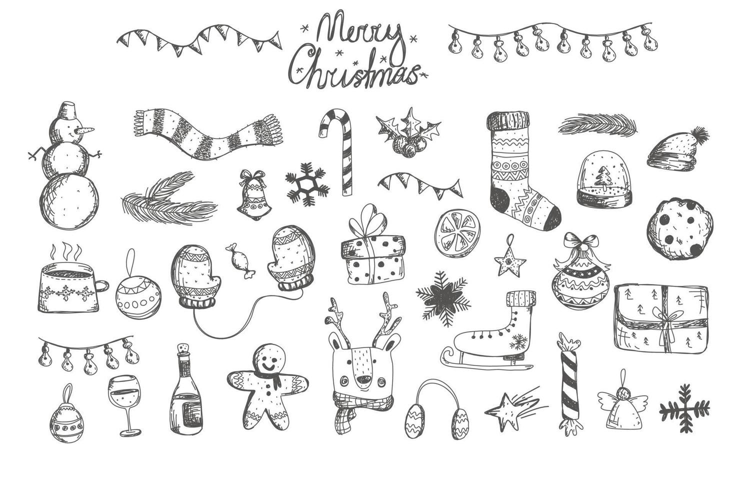 Hand drawn sketch Merry Christmas and Happy New Year set. Big set of Christmas design doodle elements vector