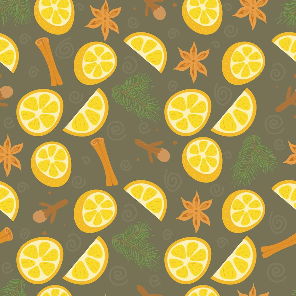Christmas and New Year seamless pattern with fir branches, cinnamon,oranges, anise stars, and cloves. Christmas decoration. Stock vector illustration on a white background.